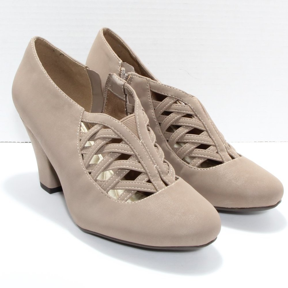 Easy Street Taupe Faux Suede Piper Block Heel Woven Vamp Zipper Bootie